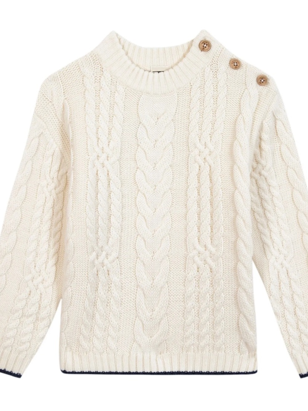NWT BONTON Button-Shoulder Cable Knit Sweater - Cream